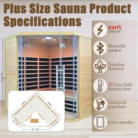 Homsido 3-4 Person Far Infrared Sauna, Hemlock Indoor Corner Sauna Room Home Sauna with Low EMF Far Infrared Carbon Panel Tempered Glass Door,Bluetooth Speakers Chromotherapy Lights（220V, 2880W） Homsido