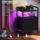 HONGOUZWL Night Stand with Charging Station, LED Nightstand with Storage 2 Shelfs & 2 Fabric Drawers, Morden End Table with U-S-B Ports & AC Outlets, Black HONGOUZWL