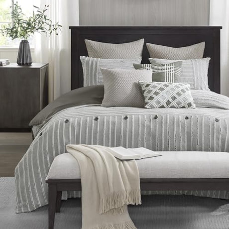 Madison Park King Comforter Set, Removable 100% Cotton Duvet Cover King Size with Insert, Farmhouse Bedding, Textured Stripe Clipped Jacquard Accent, King, Grey 9 Piece Madison Park