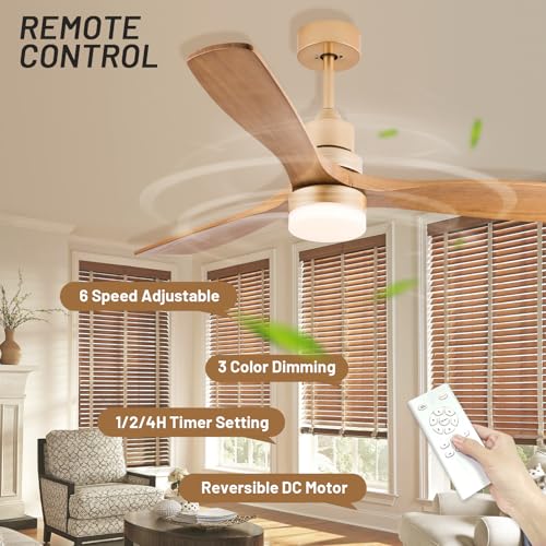 Baitai 52 inch Champagne Gold Luxury Style Ceiling Fan with Light Solid Wood Blade Noiseless Reversible Motor Dimmable Light Memory Living Room and Bedroom Ceiling Fan Baitai