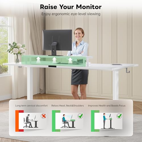 EnHomee 71 Inch Standing Desk Adjustable Electric with Monitor Stand, Computer Desk with Power Strip, Memory Height Home Office Desk for Home and Study Room, White EnHomee