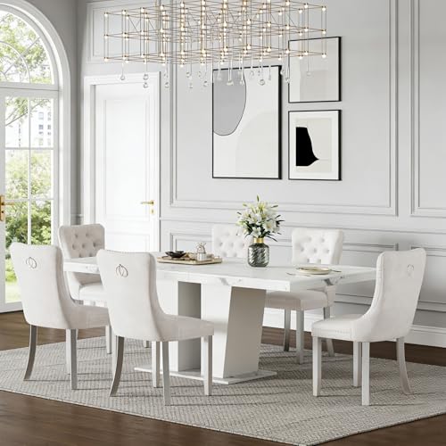 Henf 7 Pieces Faux Marble Dining Table Set for 6, 63"-79" Extendable Dining Room Table and 6 Beige Tufted Chairs Set for 6, Modern Large Expandable Kitchen Table with White Double Columns Base Henf