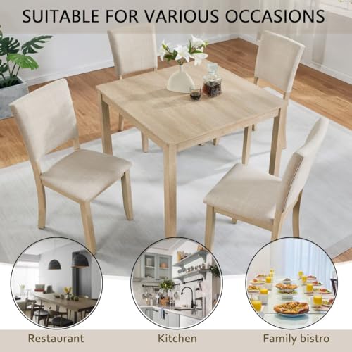 JIJIWANG Modern 4 Person Dining Table Set with 4 Chairs, Dining Table Set for 4 People, 5-Piece Wooden Dining Table Sets for Living Room, Kitchen and Dining Room, Liaght Oak + Beige JIJIWANG