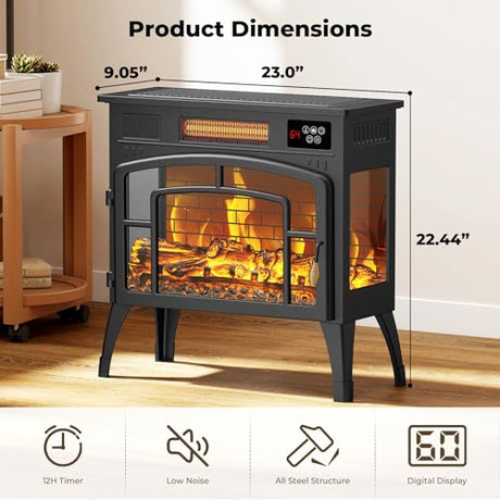 BREEZEHEAT Electric Fireplace Stove-Freestanding Fireplace Heater w/ 3D Flame, Thermostat, Remote, 1500W/750W Quiet Heating, Portable Fireplace for Indoor Use, Overheating Protection, Black, 23" Wide BREEZEHEAT