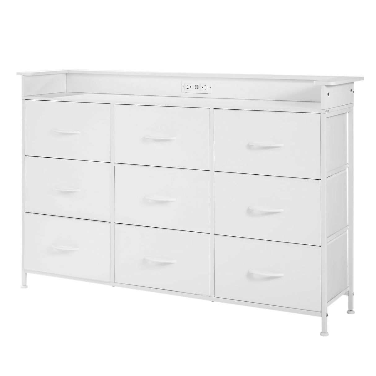 VEVOR 9 Drawer Dresser, Tall Drawer Dresser with Fabric Bin, Closet Storage Drawers with Sturdy Metal Frame, LED Lights & Built-in Outlet, Fabric Storage Tower for Bedroom, Hallway, Closet, White VEVOR