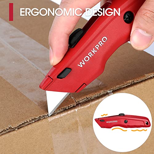 WORKPRO Premium Utility Knife, Retractable All Metal Heavy Duty Box Cutter, Quick Change Blade Razor Knife, with 10 Extra Blades - WoodArtSupply