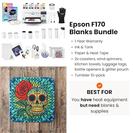 Epson Surecolor F170 Sublimation Blank Bundle – Printer with CMYK Ink Set, Tumbler & Flat Blanks Starter Kit, Sublimation Paper, Heat Tape & Design Pack – Perfect for Beginners & Small Business makerflo