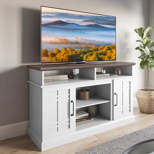 BELLEZE Modern 48" Farmhouse Wood TV Stand & Media Entertainment Center Console Table for TVs up to 50 Inch with Open Storage Shelves & Cabinets - Norrell (White)