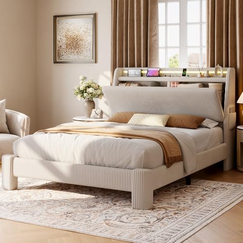 Jocoevol Upholstered Full LED Bed Frame with Hidden Storage Headboard and Charging Station, Corduroy Platform Bed with Wingback, Heavy Duty Wood Slats, No Box Spring Needed, Noise-Free, Beige Jocoevol
