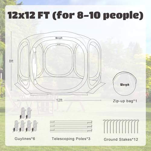 Werph Pop Up Screen Tent Canopy, Portable Screen Canopy with Mosquito Net, Outdoor Screen Room Tent 12 x12 FT with Carry Bag for Lawn & Garden, Parties，Beige Werph