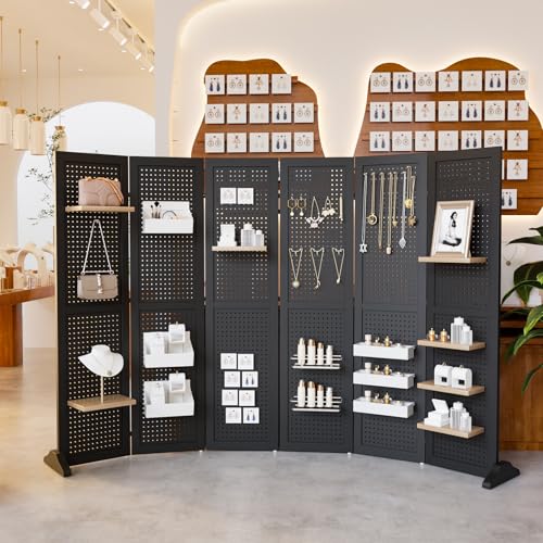 Bonnlo 4/6 Panel Pegboard Freestanding, 5 FT Portable Display Board Organizer for Craft Show Jewelry, Wooden Folding Privacy Screen Room Divider (Black, 6 Panel with Base) Bonnlo