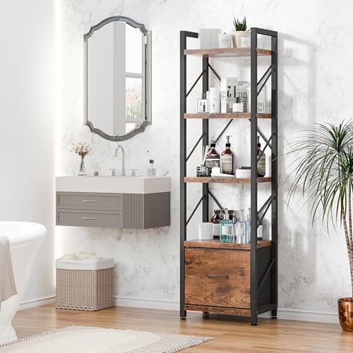 Shintenchi Bookshelf, 5 Tier Bookcase with Drawer, Modern Tall Bookshelves Storage Organizer, Industrial Book Shelves for Bedroom, Living Room, Office, Rustic Brown Shintenchi