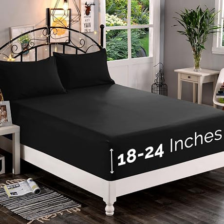 Elegant Comfort 1500 Premium Quality Fitted Sheet Ultra Soft 18-24 Inch Extra Deep Pocket - Single Fitted Sheet for High Mattress - Wrinkle Free with Smart Storage Pockets, Full, Black Elegant Comfort