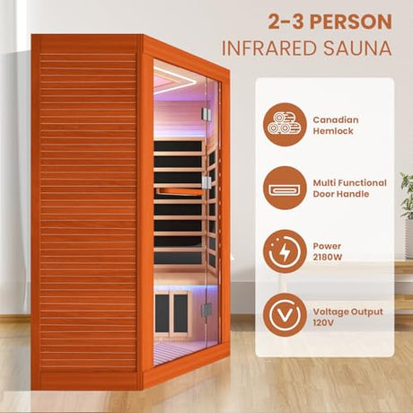 OUTEXER 2-3 Person Sauna Corner Sauna Far Infrared Saunas Room Home Canadian Hemlock Indoor 2100W Low-EMF Dry Saunas with Red Light Therapy Beauty Lamp 47.2 * 47.2 * 74.8inch OUTEXER