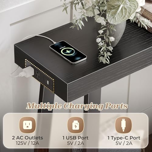 Huuger Entryway Console Table with Charging Station, USB-C Port, 47.2 Inch Sofa Table with Metal Legs, Entry Hallway Table with Thicker Desktop, Modern Behind Couch Table, Black Huuger