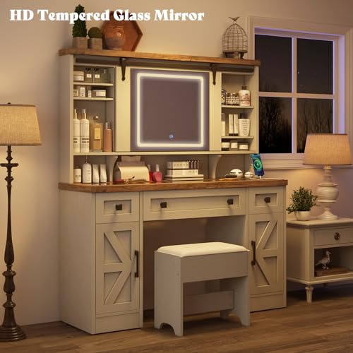 AMERLIFE 47.2" W Farmhouse Makeup Vanity Desk with Sliding Mirror, Vanity Set with Stool & Charging Station & 3 Brightness Lights, Glass Desktop, Ample Storage, Antique White AMERLIFE