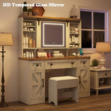 AMERLIFE 47.2" W Farmhouse Makeup Vanity Desk with Sliding Mirror, Vanity Set with Stool & Charging Station & 3 Brightness Lights, Glass Desktop, Ample Storage, Antique White AMERLIFE