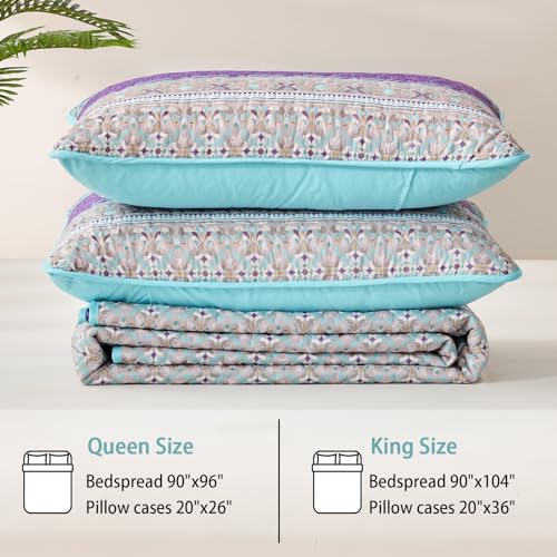 Xruibed Boho Quilt Set Queen,Purple Teal Bohemian Quilt Coverlet 3PCs Soft Microfiber Lightweight Bedspread with 2 Pillowcases for All Season (Queen Size 90"x96") Xruibed