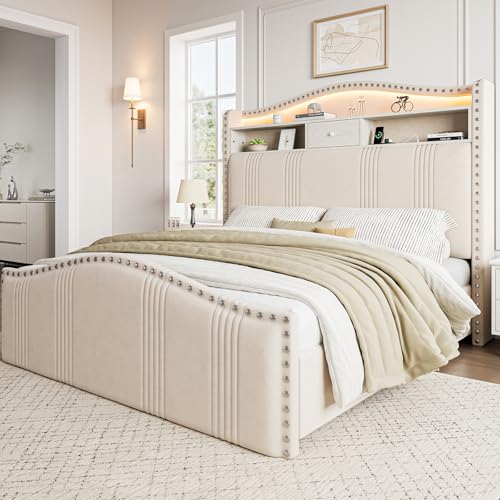 CIKUNASI 51.5" Queen Size Bed Frame with Tall Headboard and Storage | Velvet Upholstered Bed Frame with LED Lights & Charging Station | No Box Spring Needed Tall Footboard White CIKUNASI