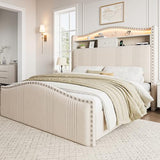 CIKUNASI 51.5" Queen Size Bed Frame with Tall Headboard and Storage | Velvet Upholstered Bed Frame with LED Lights & Charging Station | No Box Spring Needed Tall Footboard White CIKUNASI