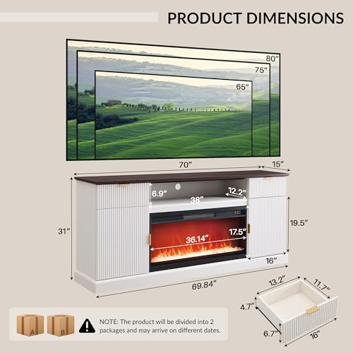 IFGET Fluted Fireplace TV Stand for TVs Up to 80 inch, Modern Entertainment Center with 36" Electric Fireplace, Wood Media Console w/Drawers and Adjustable Shelves for Living Room, Antique White IFGET