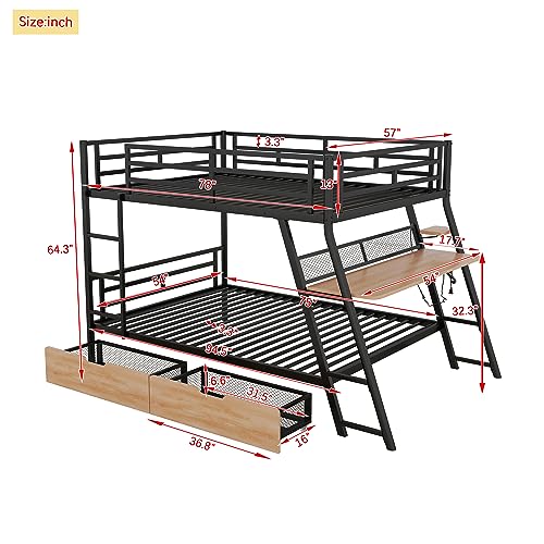 DEYOBED Black Full Size Metal Gaming Bunk Bed with Built-in Desk, LED Light Strip and Storage Drawers - WoodArtSupply