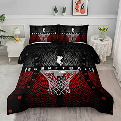 Axolotl Basketball Bedding Set for Boys Kids Teens,Soft Microfiber Black and Red Sports Theme Basketball Bedding Sets Full Size with 1 Comforter and 2 Pillowcases All Season
