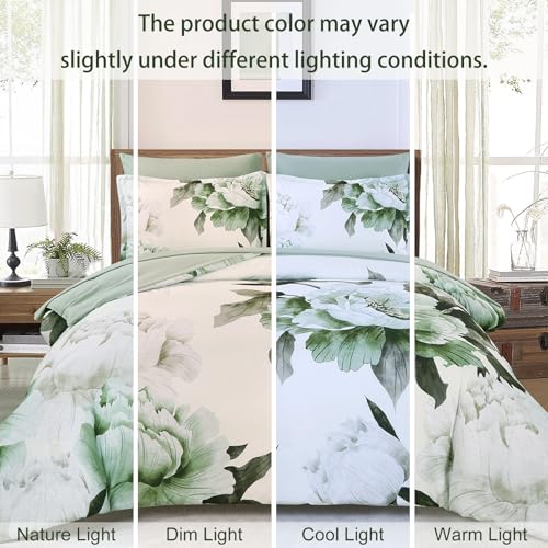 Dobuyly Green Queen Comforter Set 7 Piece Bed in a Bag Queen, Sage Green Floral Printed Comforter Set with Sheets, Soft Microfiber Botanical Flower Complete Bedding Set for All Season Dobuyly