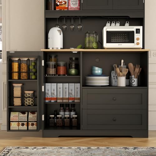 Kitchen Pantry Storage Cabinet,Freestanding Buffet Cabinet with Wine Glass Holder,Food Pantry Cabinet with Doors and Shelves,Tall Kitchen Hutch Cabinet with Microwave Stand for Kitchen (Black) Gyfimoie