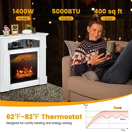 SIMOE 32" Electric Fireplace with Mantel, 1400W Freestanding Fireplace for Living Room, Remote Control, Overheat Protection, Adjustable 3D Flame, Timer, White SIMOE