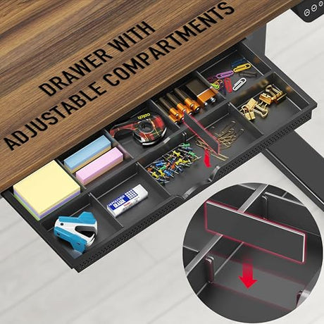 SHW 55 x 28 Inches Electric Height Adjustable Standing Desk with Drawer and Memory Preset, Walnut SHW