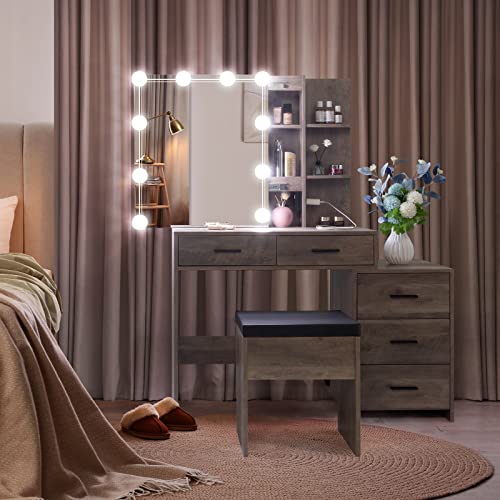 VINGLI Vanity Desk with Sliding Mirror & Lights & Charging Station & Drawers & Shelves, Farmhouse Modern Makeup Vanity Set with Stool for Bedroom VINGLI