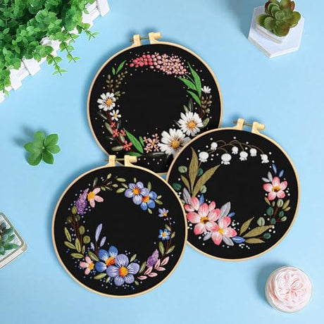 ERKOON 3 Sets Embroidery Kit, Floral Cross Stitch Set for Include Embroidery Cloth Hoops Threads for Craft Lover Hand Stitch (Garlands) ERKOON
