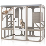 Large Catio Outdoor Cat Enclosure Window Access, Wooden Kitty Cage with Resting Room & 3 Platforms for Multiple Feral Cats, Cat House Attached to Window, Pet's Door for Patio Indoor Magazoopet