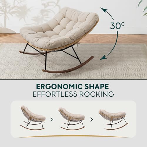 Bme Patio Rocking Chair Outdoor and Indoor, Modern Metal Lounge Rocker with Thick 7'' Cushion, 400lbs Capacity, Ergonomic Design, Easy Assembly, Beige Cushion - Wood Texture Rocker