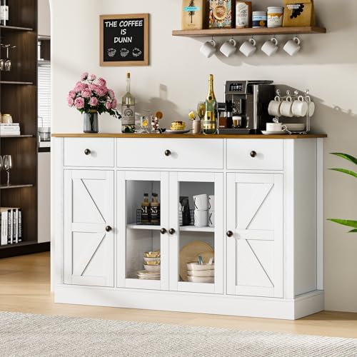 4 EVER WINNER Buffet Cabinet with 4 Doors and 3 Drawers, 55" Kitchen Buffet Storage Cabinet with Adjustable Shelves, Modern Coffee Bar Cabinet for Kitchen, Dinning Living Room, Entryway, Whit - WoodArtSupply