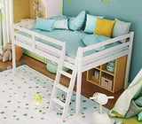 VINGLI Junior Low Loft Bed with Stairs, White Wood Loft Bed Full Size for Adults, Kids and Young Teens, No Box Spring Required,Wood Slat Support VINGLI