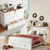 Mjkone 63" Width Queen Size Murphy Bed Cabinet with Charging Station, Mattress Included, Storage Cabinet Murphy Bed Chest Cabinets with Foldable Panel for Guest Small Spaces, Home Offices, White Mjkone