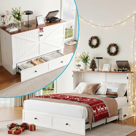 Mjkone 63" Width Queen Size Murphy Bed Cabinet with Charging Station, Mattress Included, Storage Cabinet Murphy Bed Chest Cabinets with Foldable Panel for Guest Small Spaces, Home Offices, White Mjkone