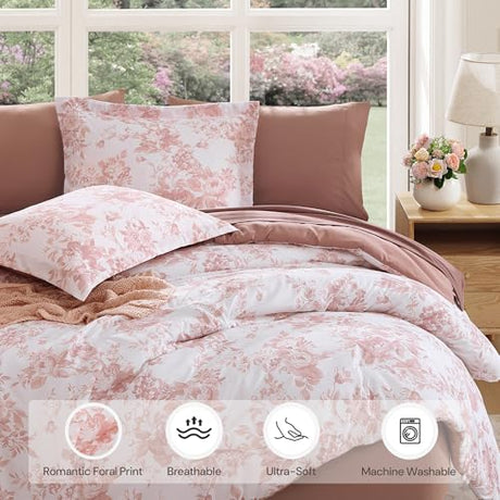 BLOOMHAVEN Full Comforter Set -7 Pieces Pink Floral Comforter Set for All Seasons, Bed in a Bag Full with Botanical Flowers Comforter, Sheets, Pillowcases & Shams BLOOMHAVEN