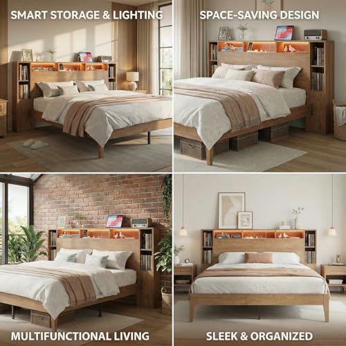 LIKIMIO Queen Bed Frame, Storage Headboard with Charging Station & LED Lights, 7 Open Shelves, 2 Side Cabinets, Storage Platform Bed, Easy Assembly, No Box Spring Needed, Natural Color LIKIMIO