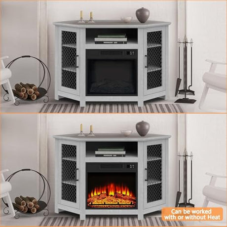 47" Corner Fireplace TV Stand Up to 55" TVs with 18" Electric Fireplace, Rustic Media TV Stands for Living Room, Television Stands with Adjustable Shelves, Entertainment Media Stand (Gray) ELEVARAWOOD
