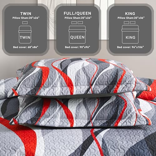 weesire Classic Line Pattern Bedding Quilt Queen Size Modern Grey Red and Black Stripe Quilt with 2 Shams, Gray and Red Comforter Sets Lightweight Breathable Bedspreads Coverlet, 90''x96'' weesire