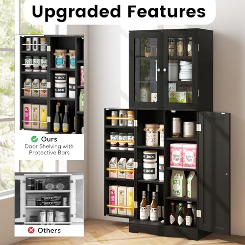 Giantex Pantry Organizers and Storage, 63.5” Tall Kitchen Cabinet, Food Buffet Cupboard with Glass Doors, Shelves with Baffle, Wooden Freestanding