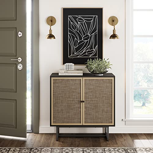 Nathan James Accent Boho Modern Free Standing Buffet Sideboard Hallway, Entryway, Dining Living Room, 1 Storage Cabinet, Black Oak/Cane - WoodArtSupply