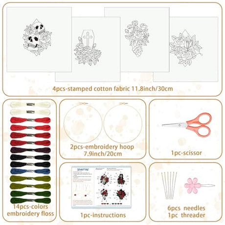 BEUNITONE 4 Set Skull Embroidery kit for Beginners Flower Starter Kits Halloween Skull with Flowers DIY Needlepoint Kit for Adults with Instruction Rose Skull Handmade Embroidery Kits for Gifts BEUNITONE