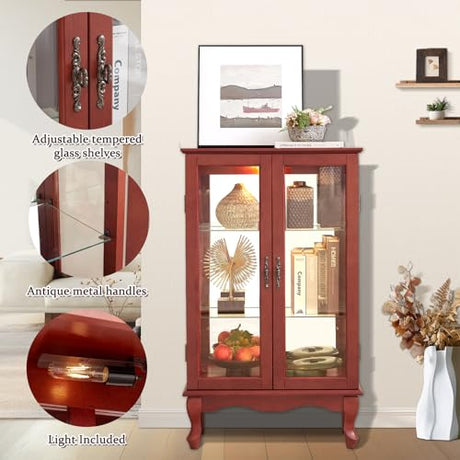 Firscook Curio Cabinet With Lighted Tall Leg Glass Door, Antique Display With Mirrored Back Panel, Vintage Lighted Accent Corner China for Living Room (Cherry) Firscook