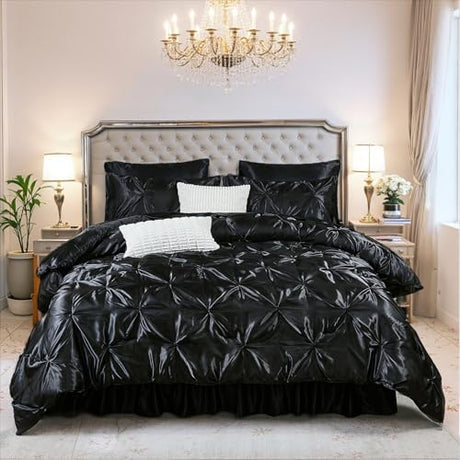 Bedbay Black Comforter Set Queen Size,10-Piece Satin Comforter Bed Set,Pinch Pleat Bedding Set,Black Pintuck Luxury Bed Comforter Set,Lightweight Silk Like Satin Bedding Comforter for All Seasons Bedbay