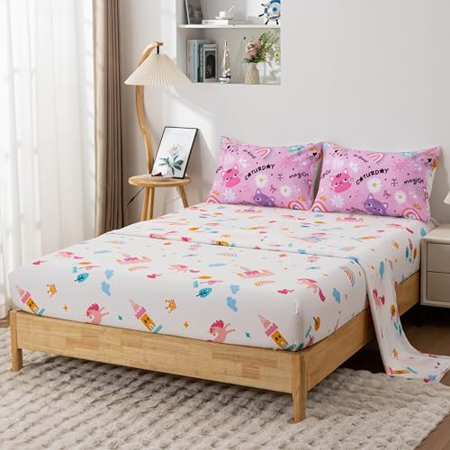 Btargot Twin Pink Cartoon Cat Reversible Comforter Set for Boys Girls Kids, 5 Pieces Rainbow Flowers Sun Painting Bedding Set with Sheets Btargot