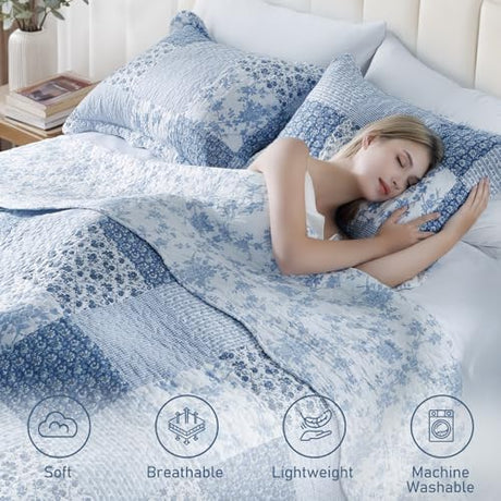 GOONE King Quilt Set 104x90 Inches, Blue Floral Boho Bedspread Farmhouse Quilting Bedding Set, Lightweight Washed Coverlet Set, Reversible Bed Cover, Quilt King Size with 2 Pillow Shams All-Season GOONE